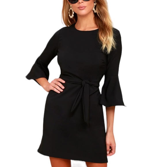 NWT Lulus Last Love Song Black Tie Waist Bow Detail Bell Sleeve Dress - M - Picture 3 of 16